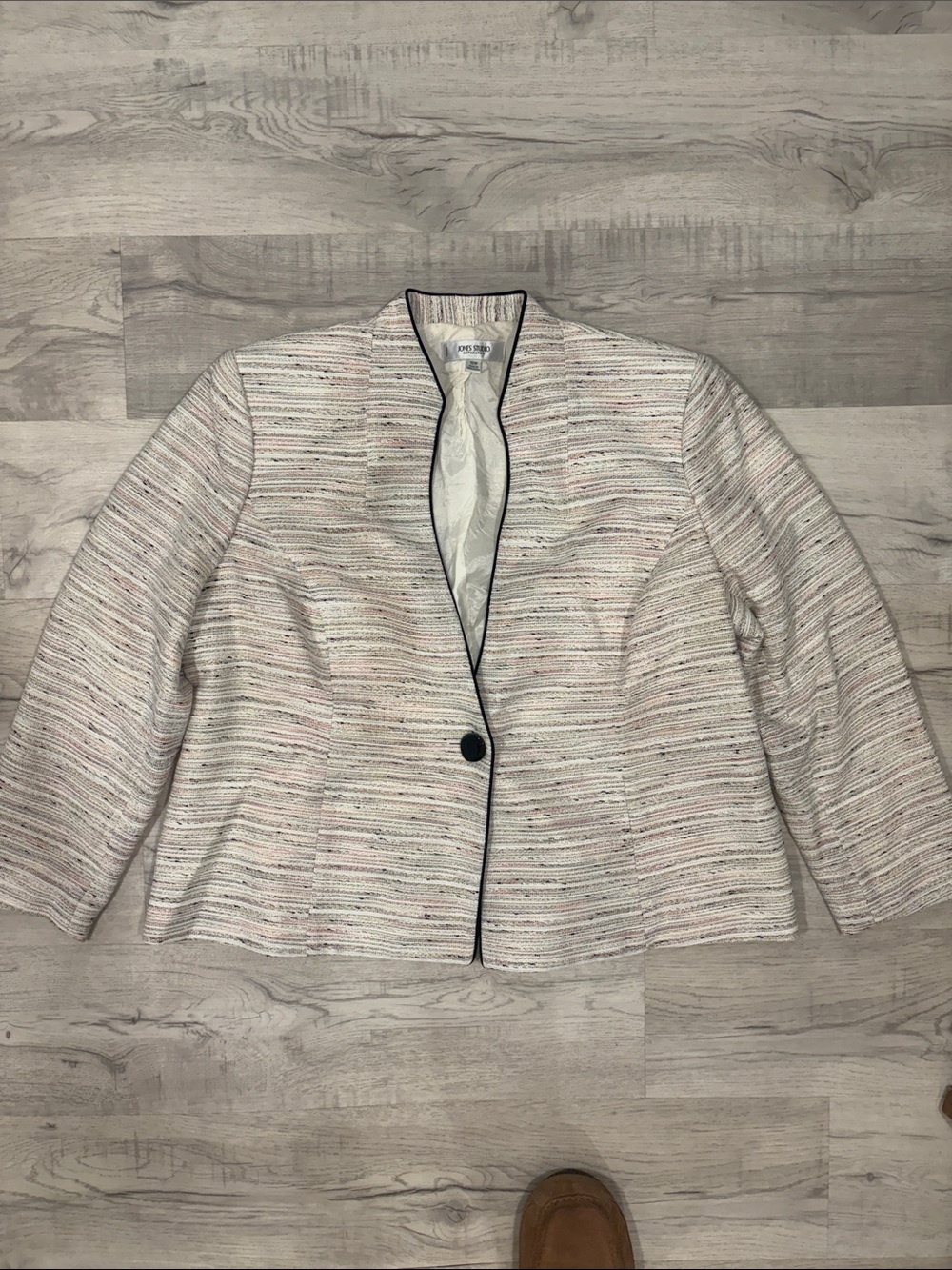 Sag Harbor Cream Multi-Stripe Collarless Blazer with Black Trim